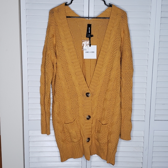 Agnes & Dora Mustard Boyfriend Cable Knit Cardigan - Picture 2 of 8